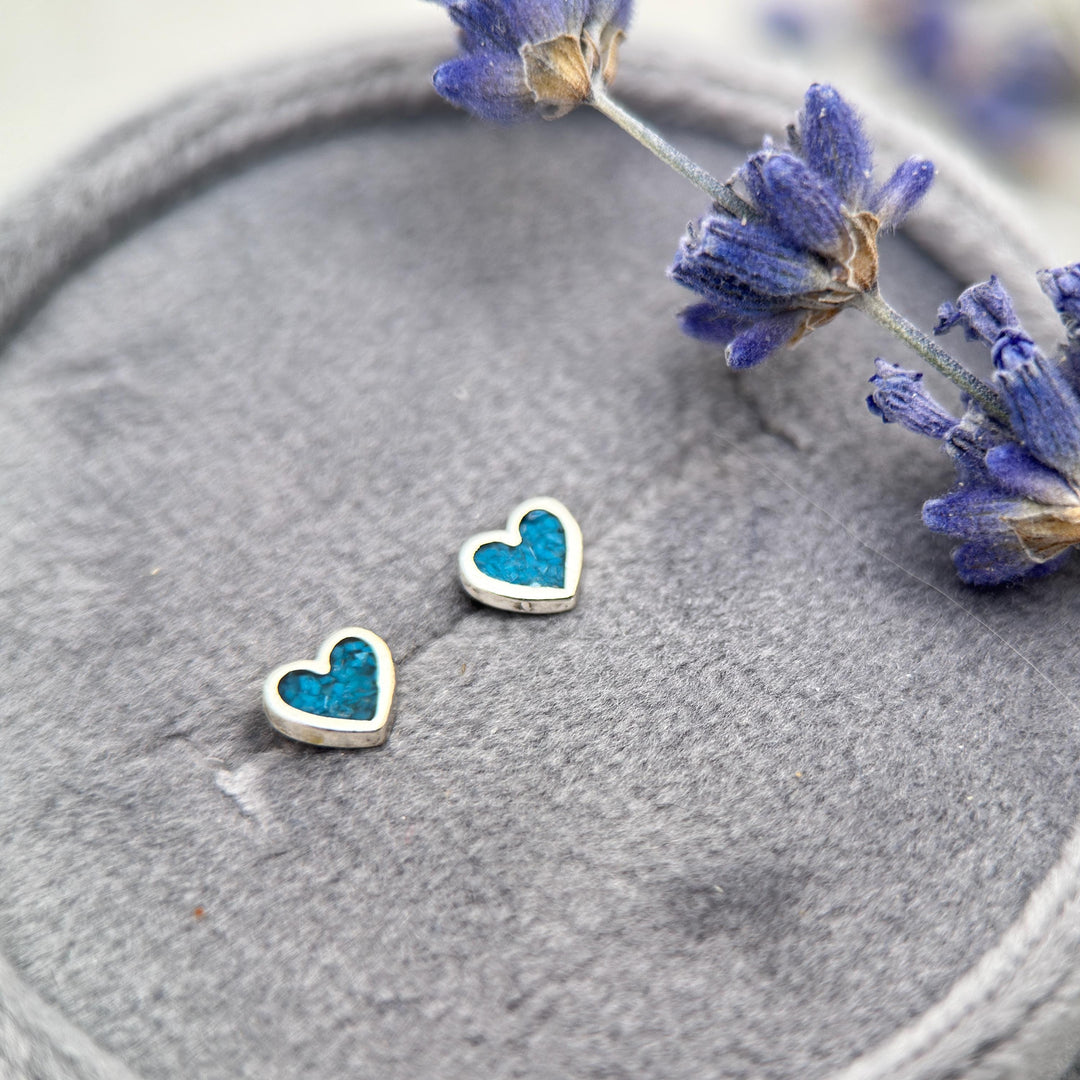 Tiny Turquoise Inlay Sterling Silver Heart Post Stud Earrings - SunlightSilver