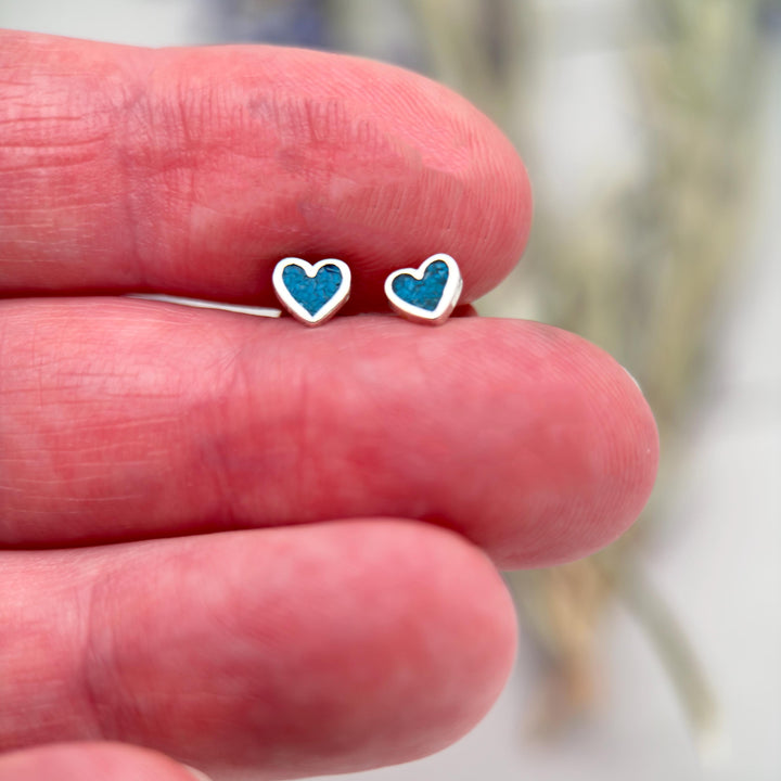 Tiny Turquoise Sterling Silver Heart Stud - Inlay Post Earrings - SunlightSilver