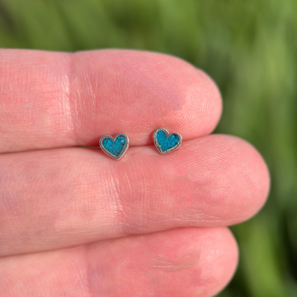 Tiny Turquoise Sterling Silver Heart Stud - Inlay Post Earrings - SunlightSilver