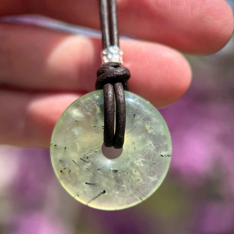 Prehnite Donut and Brown Leather Necklace - SunlightSilver