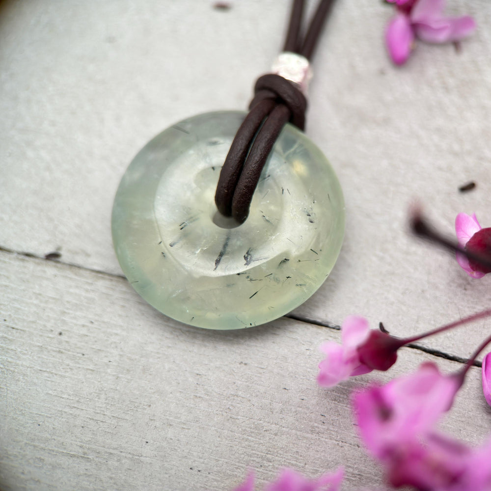 Prehnite Donut and Brown Leather Necklace - SunlightSilver