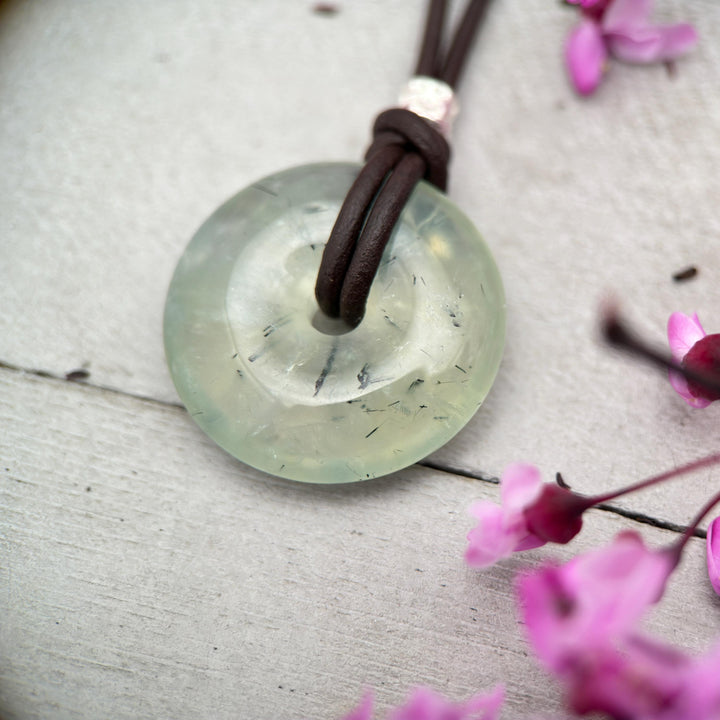 Prehnite Donut and Brown Leather Necklace - SunlightSilver