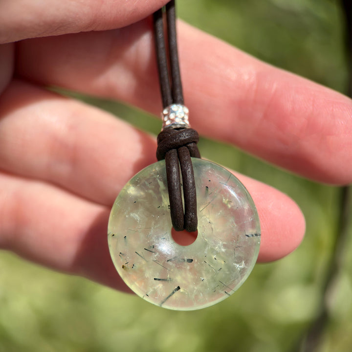Prehnite Donut and Brown Leather Necklace - SunlightSilver