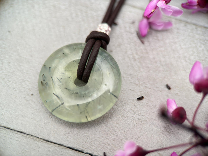 Prehnite Donut and Brown Leather Necklace - SunlightSilver
