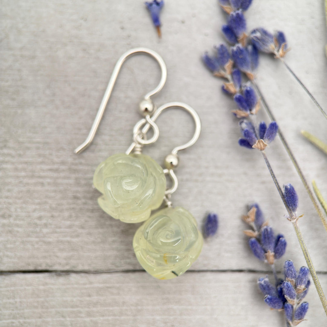 Carved Prehnite Flower and Sterling Silver Dangle Earrings. Unique Rose Carving, Limited Edition - SunlightSilver