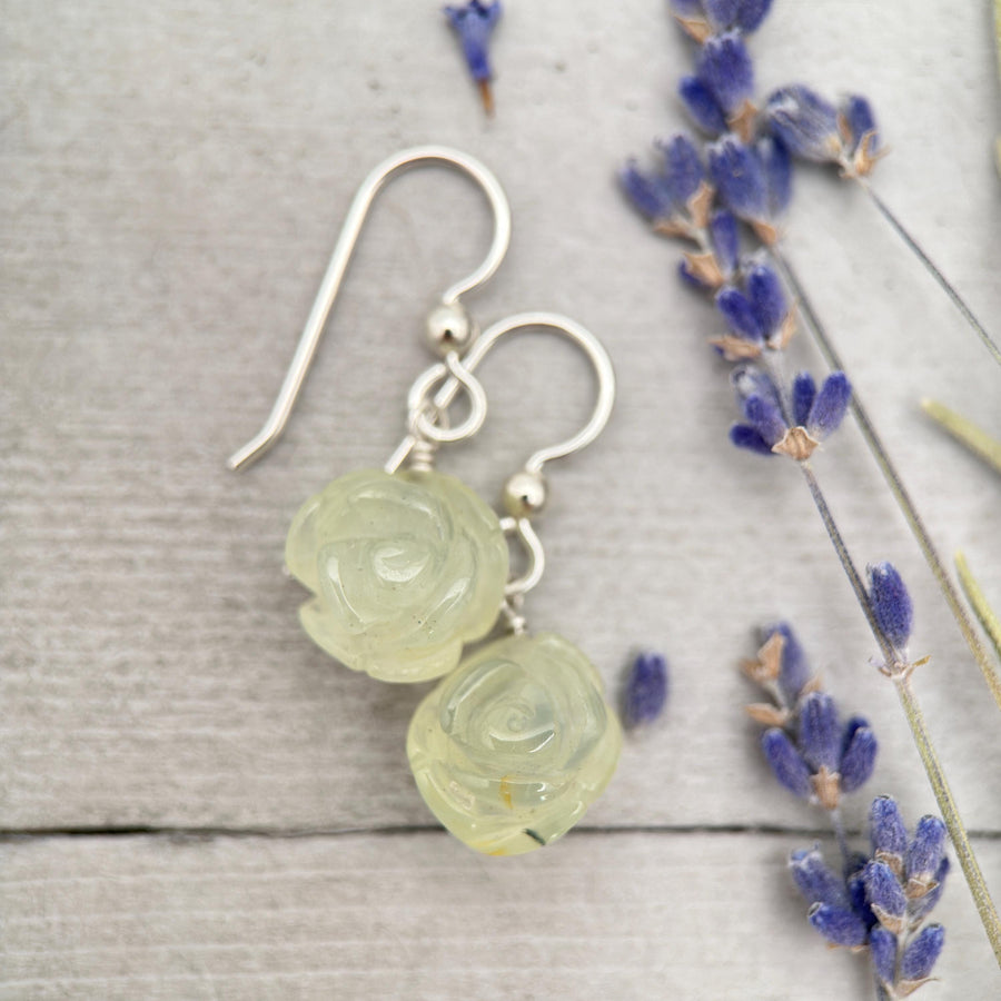 Carved Prehnite Flower and Sterling Silver Dangle Earrings. Unique Rose Carving, Limited Edition - SunlightSilver