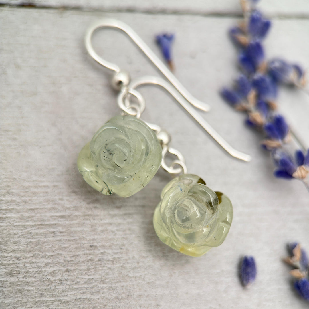 Carved Prehnite Flower and Sterling Silver Dangle Earrings. Unique Rose Carving, Limited Edition - SunlightSilver