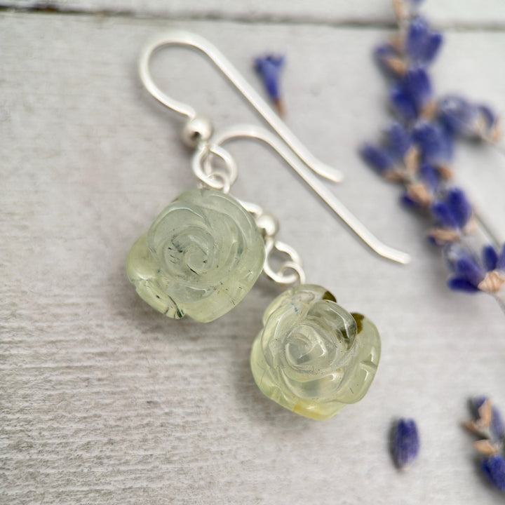 Carved Prehnite Flower and Sterling Silver Dangle Earrings. Unique Rose Carving, Limited Edition - SunlightSilver
