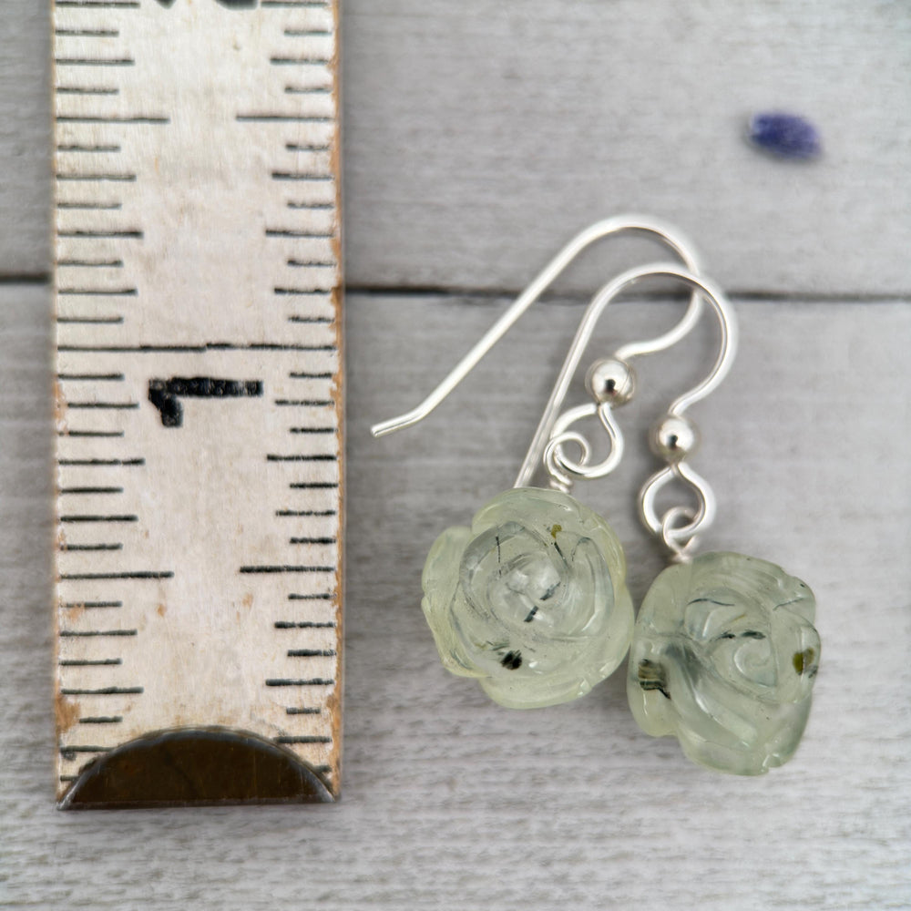 Carved Prehnite Flower and Sterling Silver Dangle Earrings. Unique Rose Carving, Limited Edition - SunlightSilver