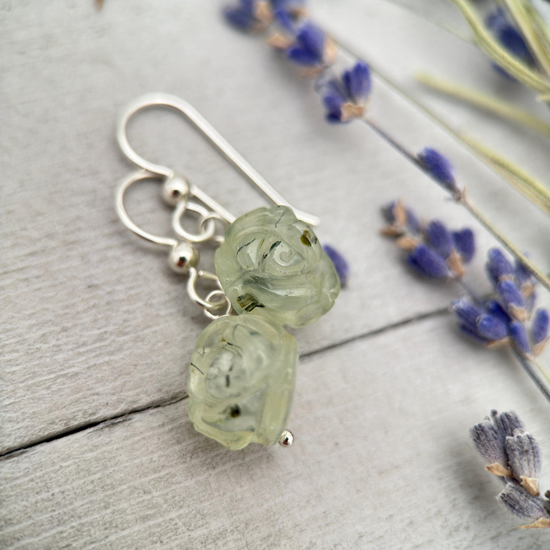 Carved Prehnite Flower and Sterling Silver Dangle Earrings. Unique Rose Carving, Limited Edition - SunlightSilver