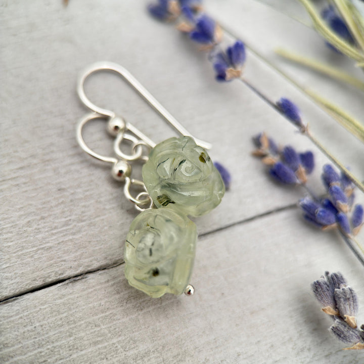 Carved Prehnite Flower and Sterling Silver Dangle Earrings. Unique Rose Carving, Limited Edition - SunlightSilver
