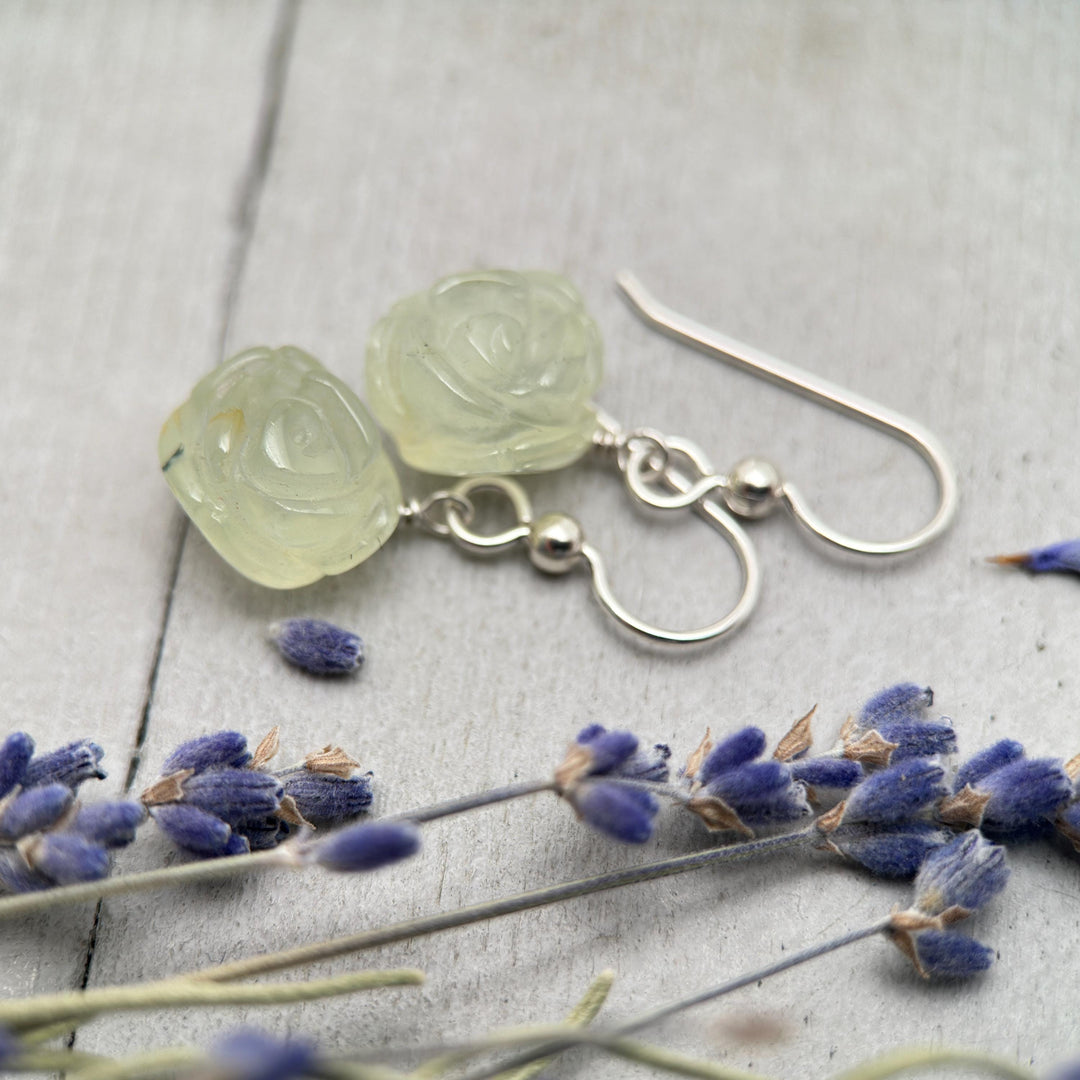 Carved Prehnite Flower and Sterling Silver Dangle Earrings. Unique Rose Carving, Limited Edition - SunlightSilver