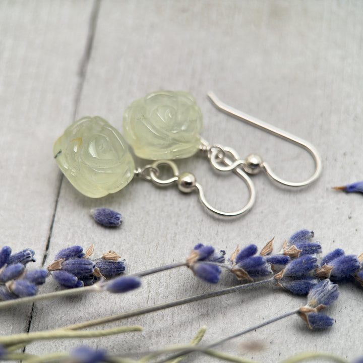 Carved Prehnite Flower and Sterling Silver Dangle Earrings. Unique Rose Carving, Limited Edition - SunlightSilver
