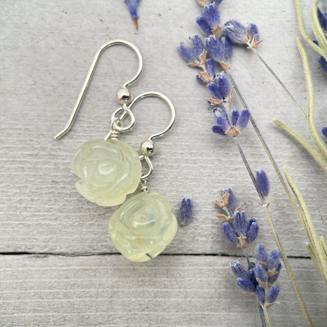 Carved Prehnite Flower and Sterling Silver Dangle Earrings. Unique Rose Carving, Limited Edition - SunlightSilver
