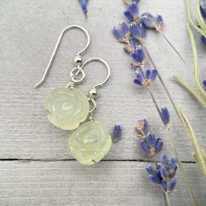Carved Prehnite Flower and Sterling Silver Dangle Earrings. Unique Rose Carving, Limited Edition - SunlightSilver