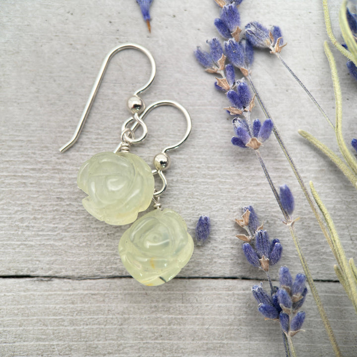 Carved Prehnite Flower and Sterling Silver Dangle Earrings - SunlightSilver