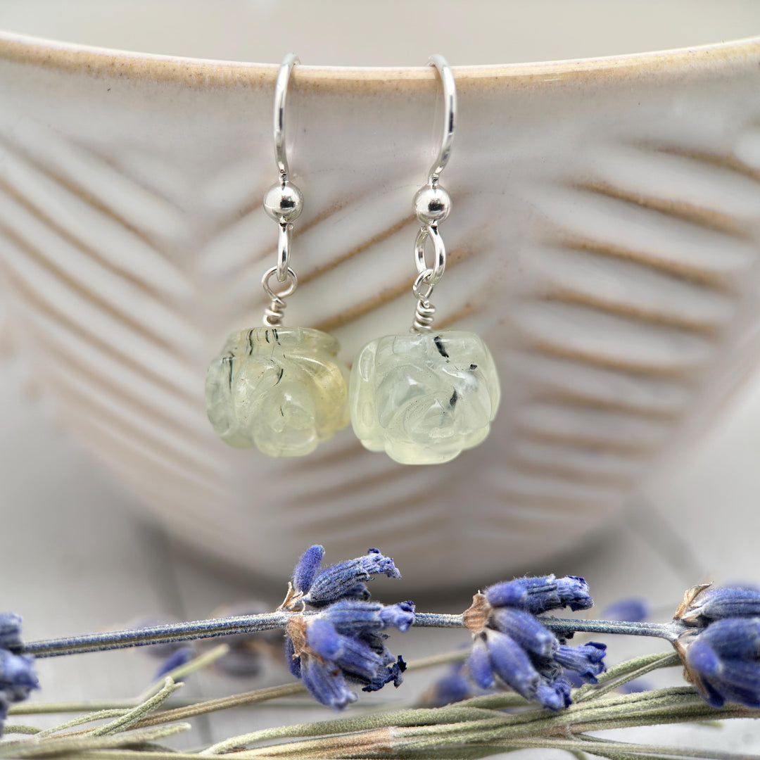 Carved Prehnite Flower and Sterling Silver Dangle Earrings. Unique Rose Carving, Limited Edition - SunlightSilver