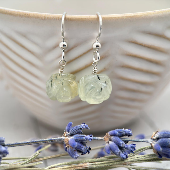 Carved Prehnite Flower and Sterling Silver Dangle Earrings. Unique Rose Carving, Limited Edition - SunlightSilver