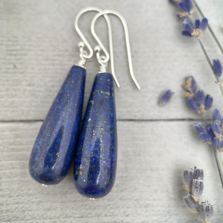 Lapis Lazuli Drop and Solid 925 Sterling Silver Earrings - SunlightSilver