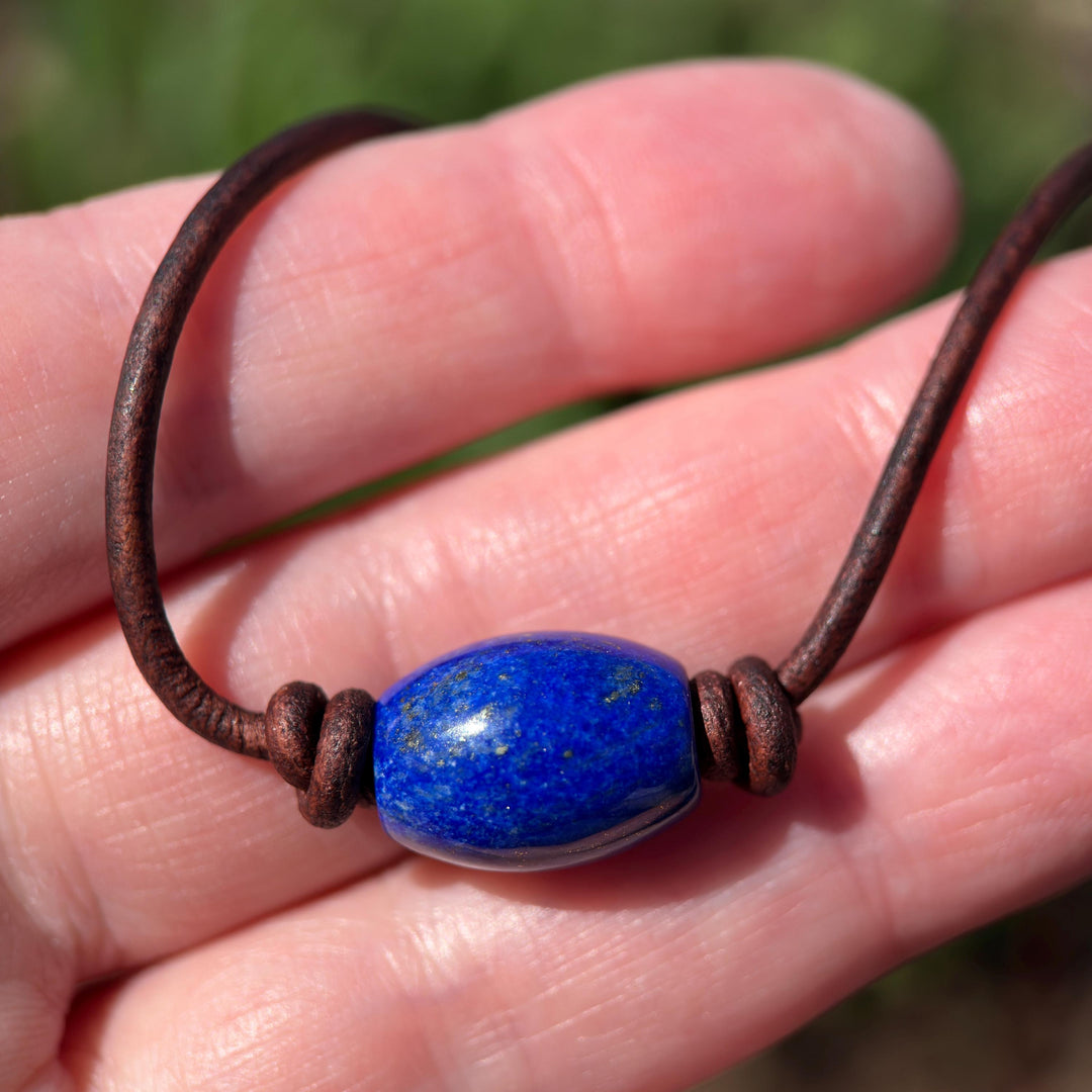 Lapis Lazuli and Rustic Brown Leather Choker Necklace - SunlightSilver