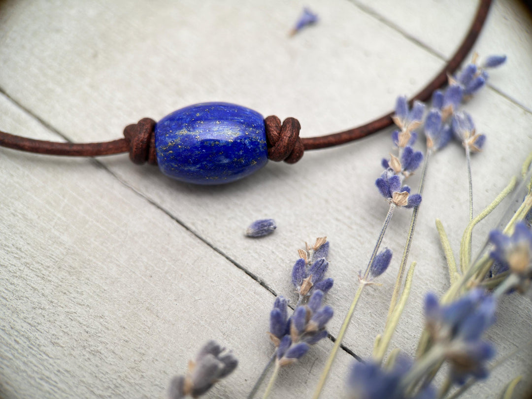 Lapis Lazuli and Rustic Brown Leather Choker Necklace - SunlightSilver