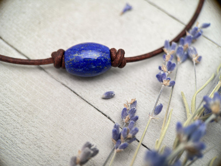 Lapis Lazuli and Rustic Brown Leather Choker Necklace - SunlightSilver