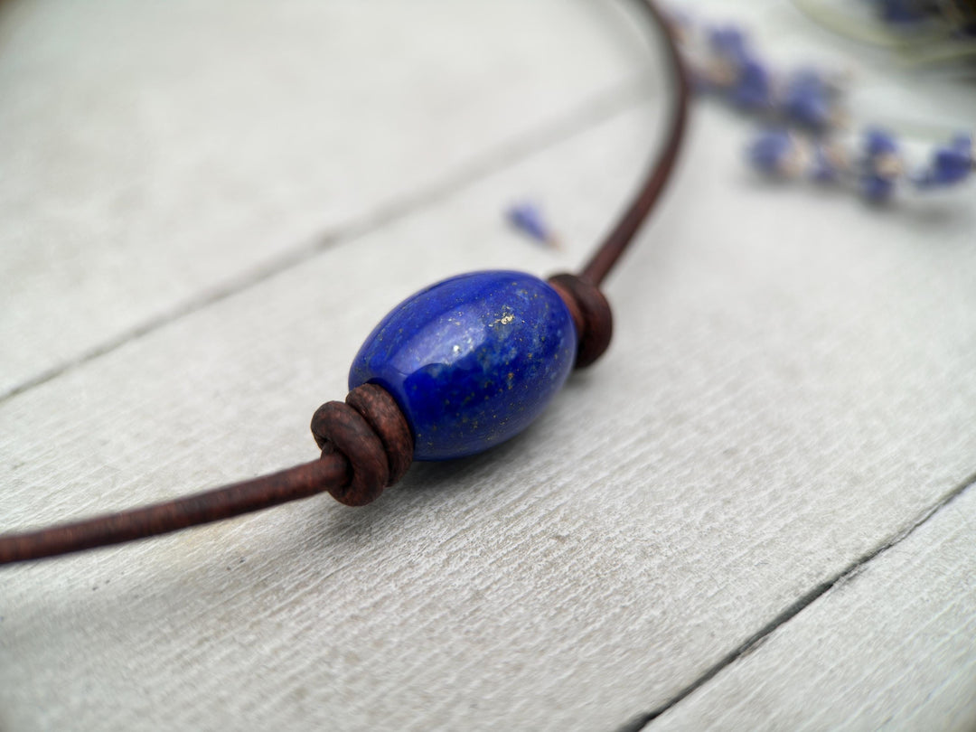 Lapis Lazuli and Rustic Brown Leather Choker Necklace - SunlightSilver