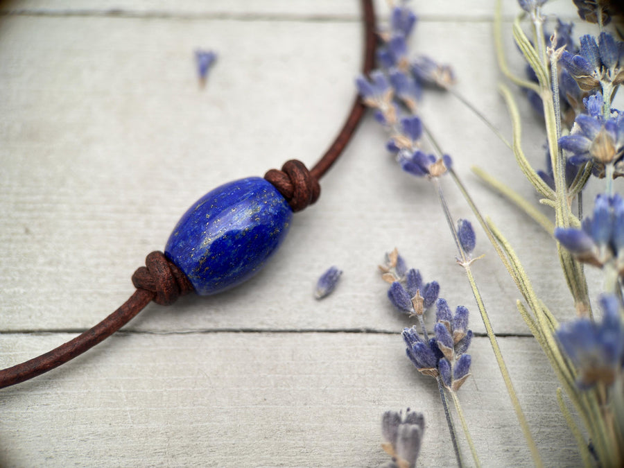 Lapis Lazuli and Rustic Brown Leather Choker Necklace - SunlightSilver