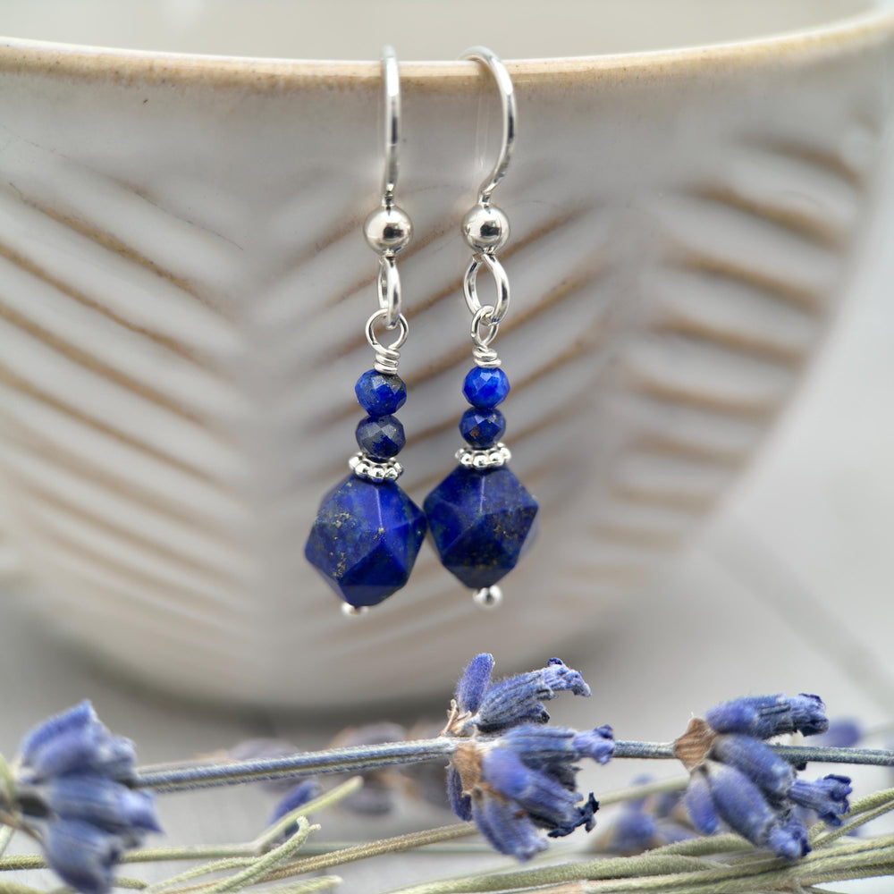 Faceted Lapis Lazuli and Solid 925 Sterling Silver Earrings - SunlightSilver