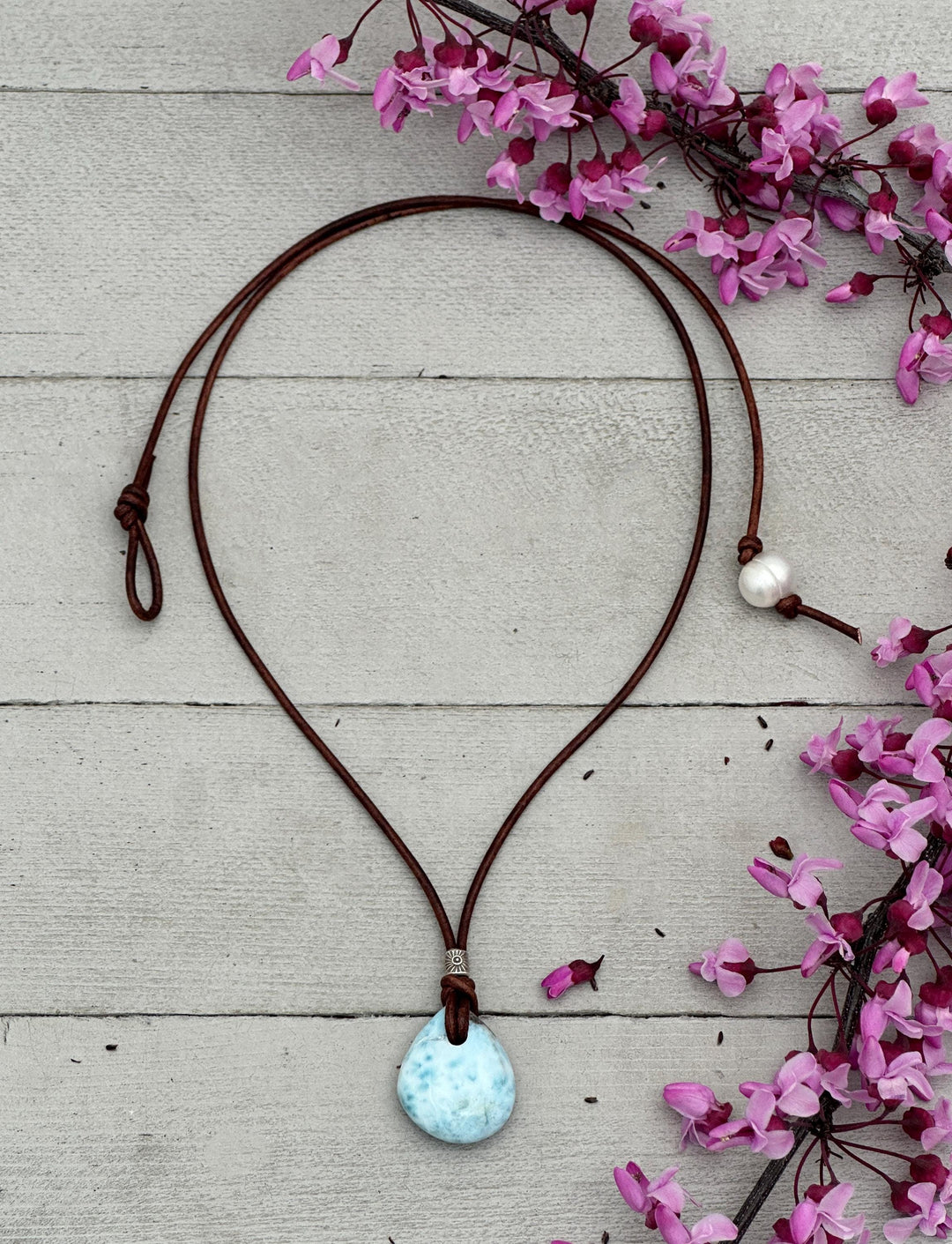 Larimar Crystal, Thai Hill Tribe Silver and Rustic Brown Leather Necklace - SunlightSilver