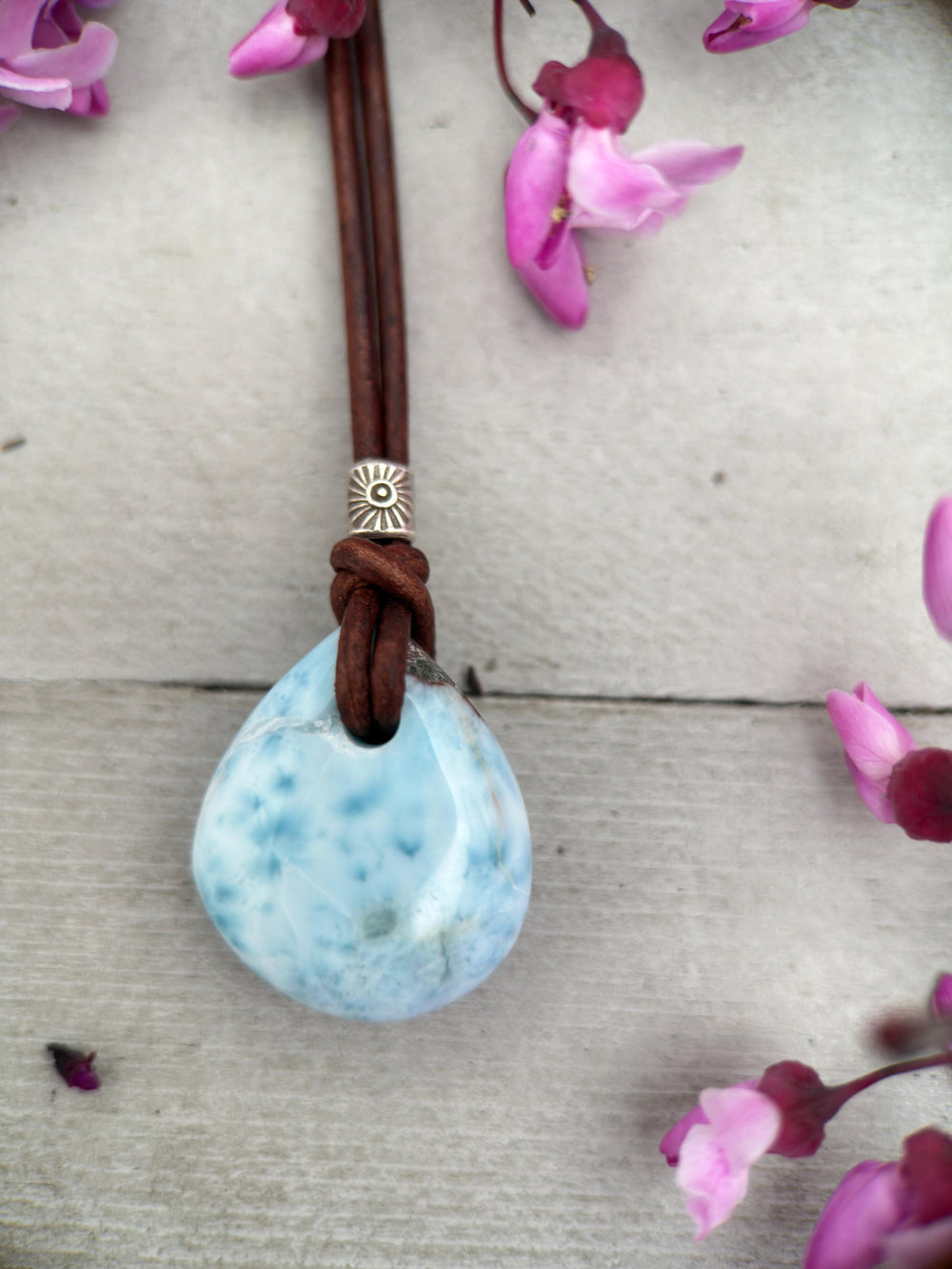 Larimar Crystal, Thai Hill Tribe Silver and Rustic Brown Leather Necklace - SunlightSilver