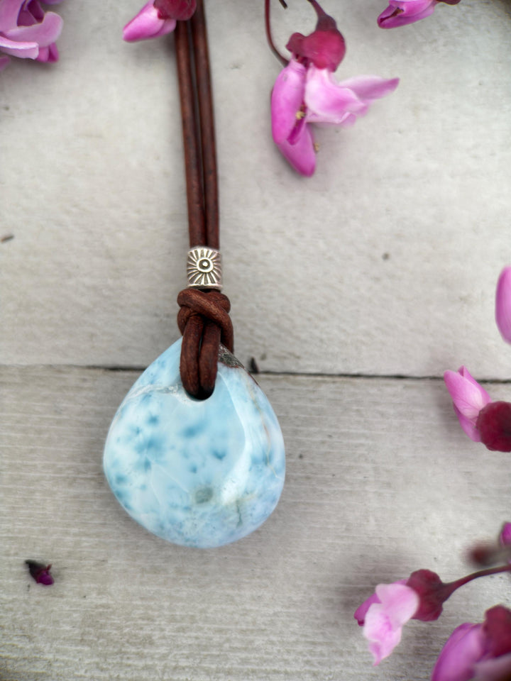 Larimar Crystal, Thai Hill Tribe Silver and Rustic Brown Leather Necklace - SunlightSilver