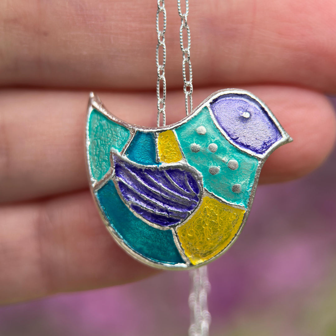Colorful Bird Pendant Necklace of .999 Fine Silver on a Sterling Silver Chain - SunlightSilver