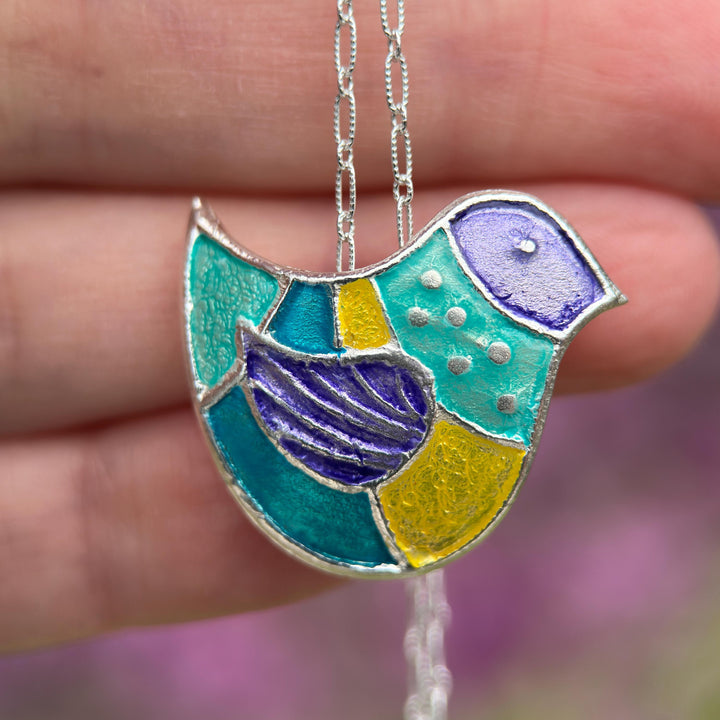 Colorful Bird Pendant Necklace of .999 Fine Silver on a Sterling Silver Chain - SunlightSilver