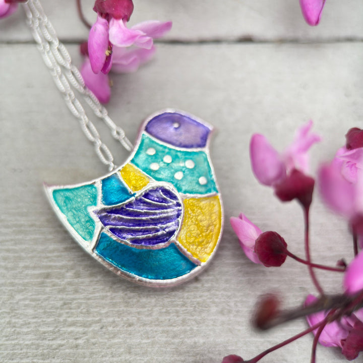 Colorful Bird Pendant Necklace of .999 Fine Silver on a Sterling Silver Chain - SunlightSilver