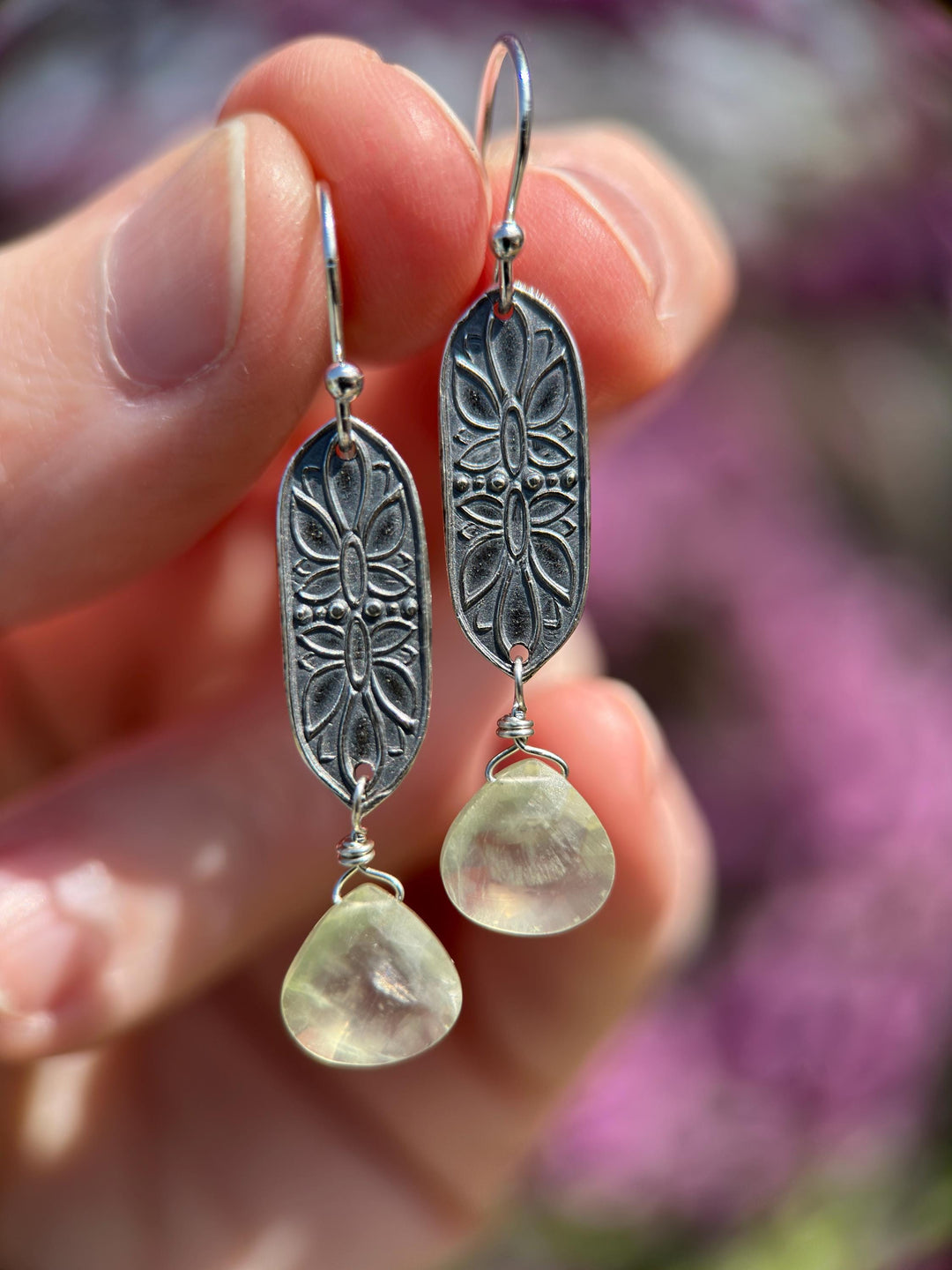 Prehnite and Sterling Silver Dangle Earrings - SunlightSilver