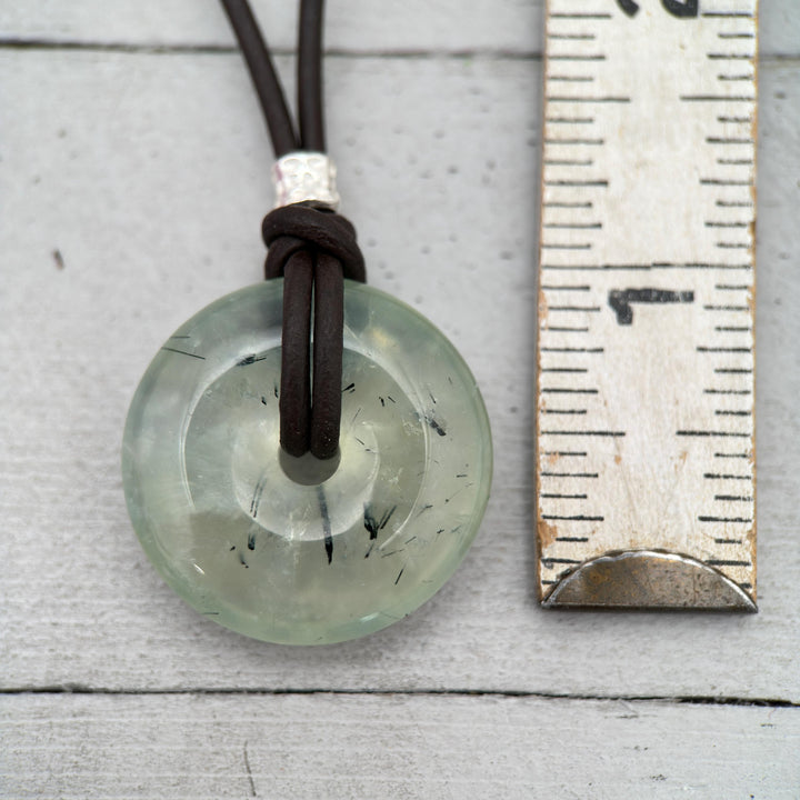 Prehnite Donut and Brown Leather Necklace - SunlightSilver