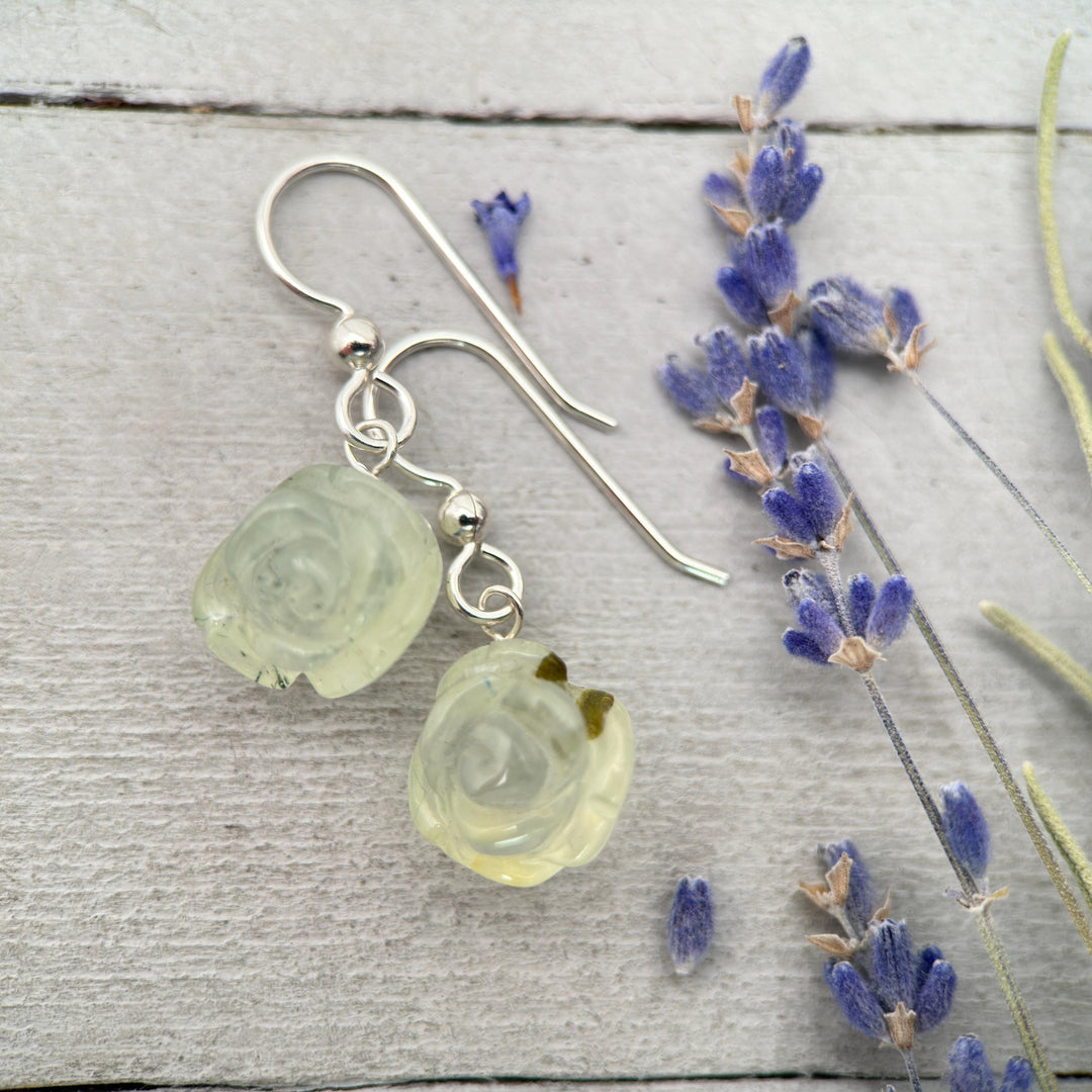 Carved Prehnite Flower and Sterling Silver Dangle Earrings. Unique Rose Carving, Limited Edition - SunlightSilver