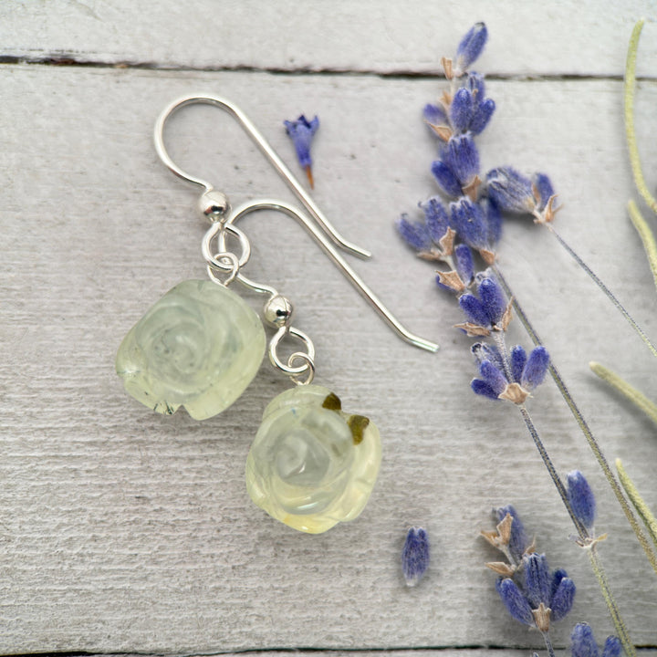Carved Prehnite Flower and Sterling Silver Dangle Earrings. Unique Rose Carving, Limited Edition - SunlightSilver
