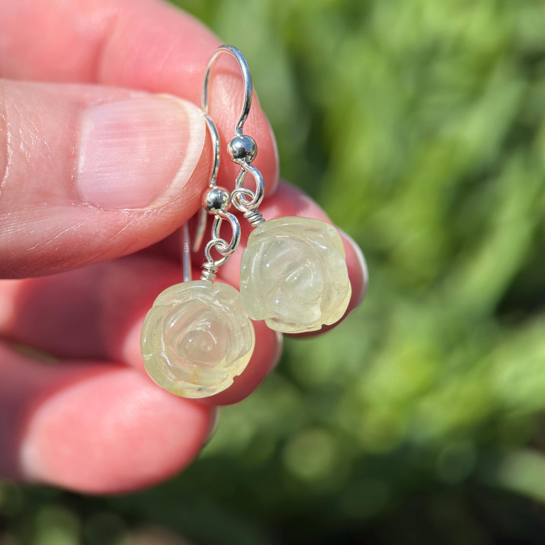 Carved Prehnite Flower and Sterling Silver Dangle Earrings. Unique Rose Carving, Limited Edition - SunlightSilver