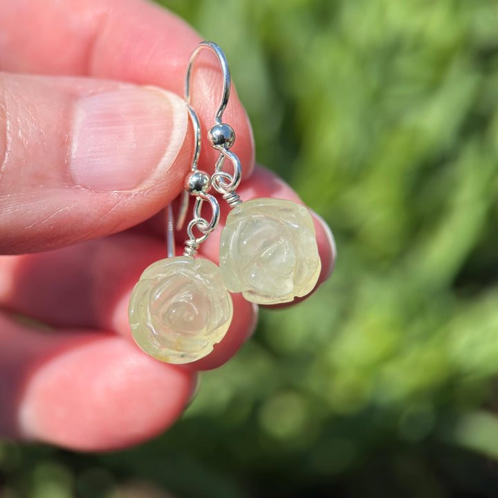 Carved Prehnite Flower and Sterling Silver Dangle Earrings. Unique Rose Carving, Limited Edition - SunlightSilver