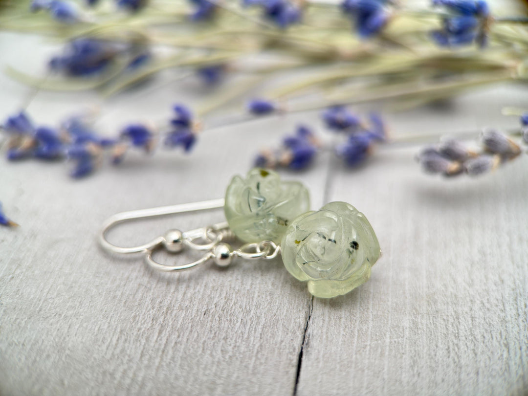 Carved Prehnite Flower and Sterling Silver Dangle Earrings. Unique Rose Carving, Limited Edition - SunlightSilver