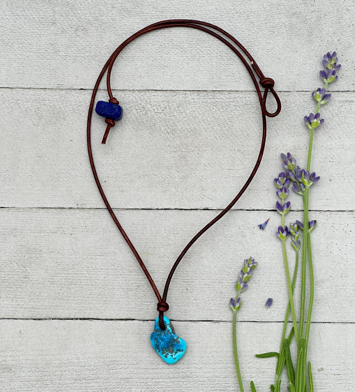 Blue Kingman Turquoise Nugget Leather Necklace - SunlightSilver
