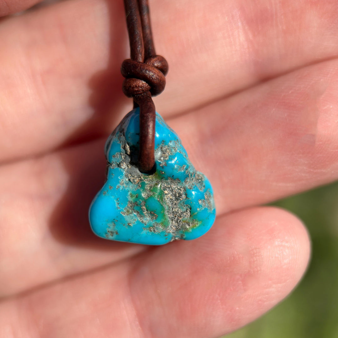 Blue Kingman Turquoise Nugget Leather Necklace - SunlightSilver