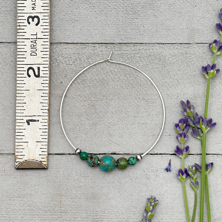 Turquoise, Navajo Pearls on Large 2 inch Sterling Silver Hoop Earrings - SunlightSilver