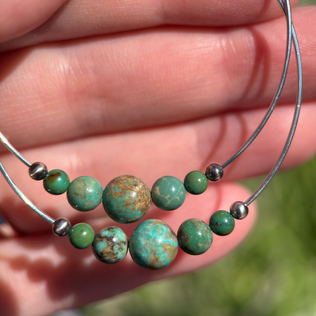 Turquoise, Navajo Pearls on Large 2 inch Sterling Silver Hoop Earrings - SunlightSilver