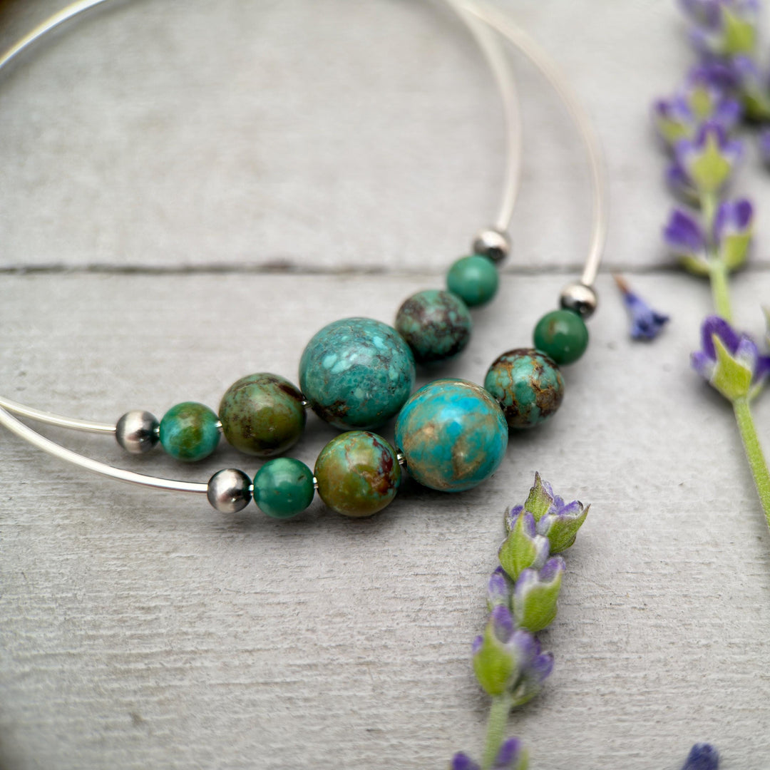 Turquoise, Navajo Pearls on Large 2 inch Sterling Silver Hoop Earrings - SunlightSilver