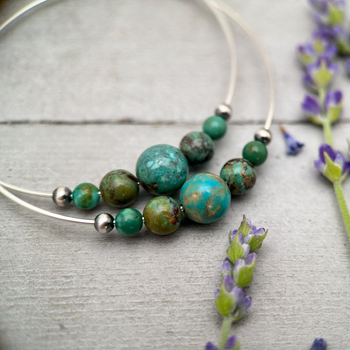 Turquoise, Navajo Pearls on Large 2 inch Sterling Silver Hoop Earrings - SunlightSilver