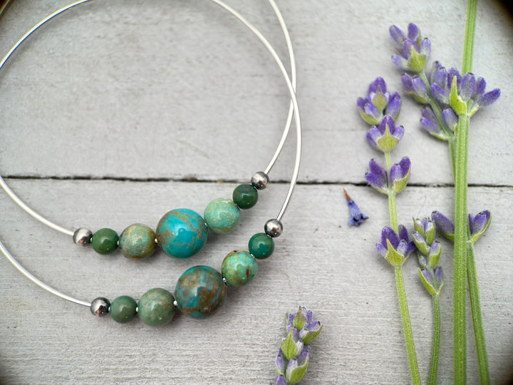Turquoise, Navajo Pearls on Large 2 inch Sterling Silver Hoop Earrings - SunlightSilver