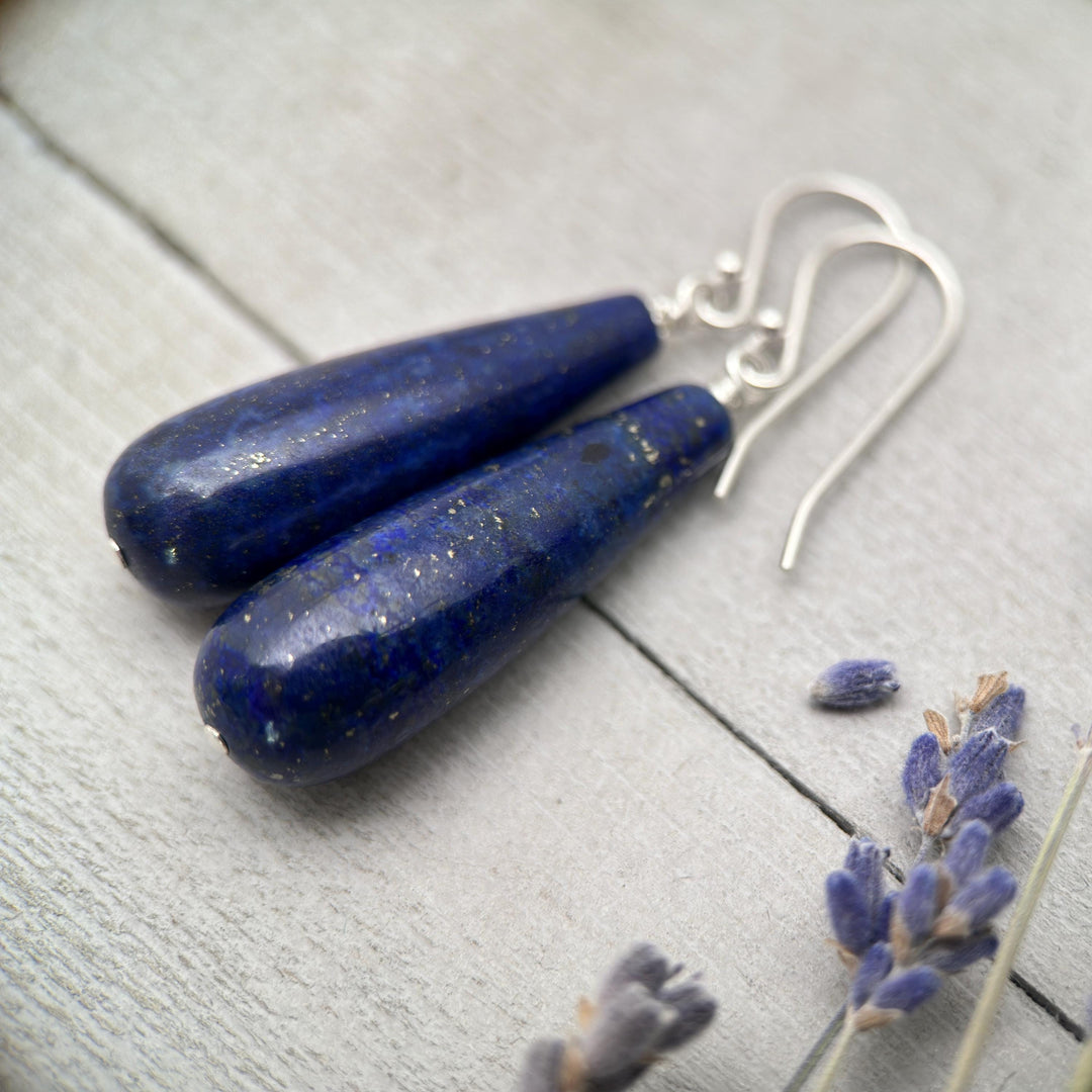Lapis Lazuli Drop and Solid 925 Sterling Silver Earrings - SunlightSilver